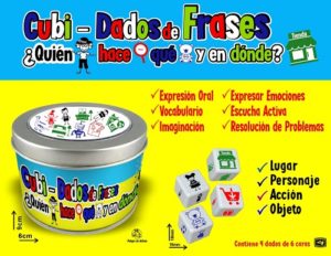 MD701 *Cibi-Dados de Frases: Quién, hace, qué y en dónde? Estuche Metálico ( 9x6 cm.) c/4 Dados (18 mm.) - Imagen 2