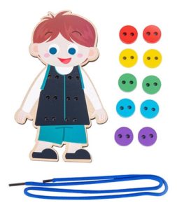 8574 *Montessori Early Education Wear Buttons* (11×18×1.5 cm.) 12 Pcs. 1Niño d/Madera+10 Botones+1Cordón. - Imagen 2
