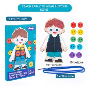 8574 *Montessori Early Education Wear Buttons* (11×18×1.5 cm.) 12 Pcs. 1Niño d/Madera+10 Botones+1Cordón. - Imagen 3