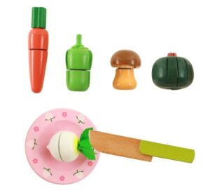 2174 *Caja de Frutas o Vegetales de Madera p/Cortar* (18x20 cm.) 5 Alimentos +Plato +Cuchillo.  2 Diferentes.