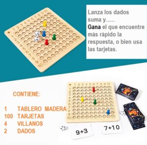 6834 *Tablero Montessori Aprendo a Sumar* (24x23 cm.) Tablero +100 Barajas +2 Dados + 4 Villanos de Colores. - Imagen 7