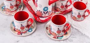 5001 *Juego de Té METÁLICO Flores Rojas* (45x30 cm.) 12 Pcs.