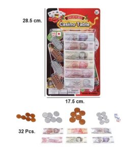 9552 *Juego de Monedas y Billetes c/Dados* (17.5X28 cm.) 32 Pcs.