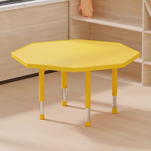 4201-AMARILLO-PORTADA 4201 *Mesa Hexagonal AMARILLA Cubierta d/Madera Altura Ajustable Reforzada c/Acero* 120x 48 a 60 cm.) - Imagen 1