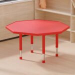 4201 *Mesa Hexagonal ROJA Cubierta d/Madera Altura Ajustable Reforzada c/Acero* 120x 48 a 60 cm.)